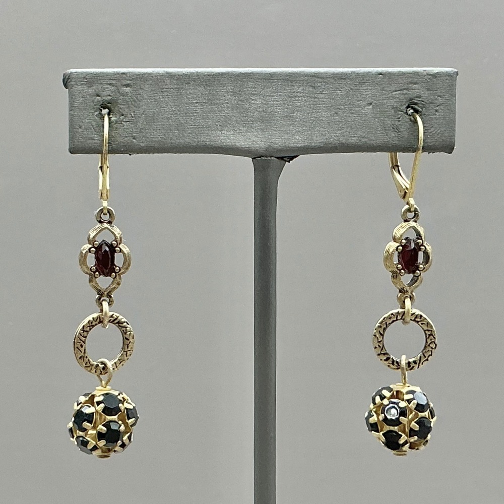 Dangle Earrings Women Gold Tone Red Black Rhinestone Orb Drop Leverback Jewelry